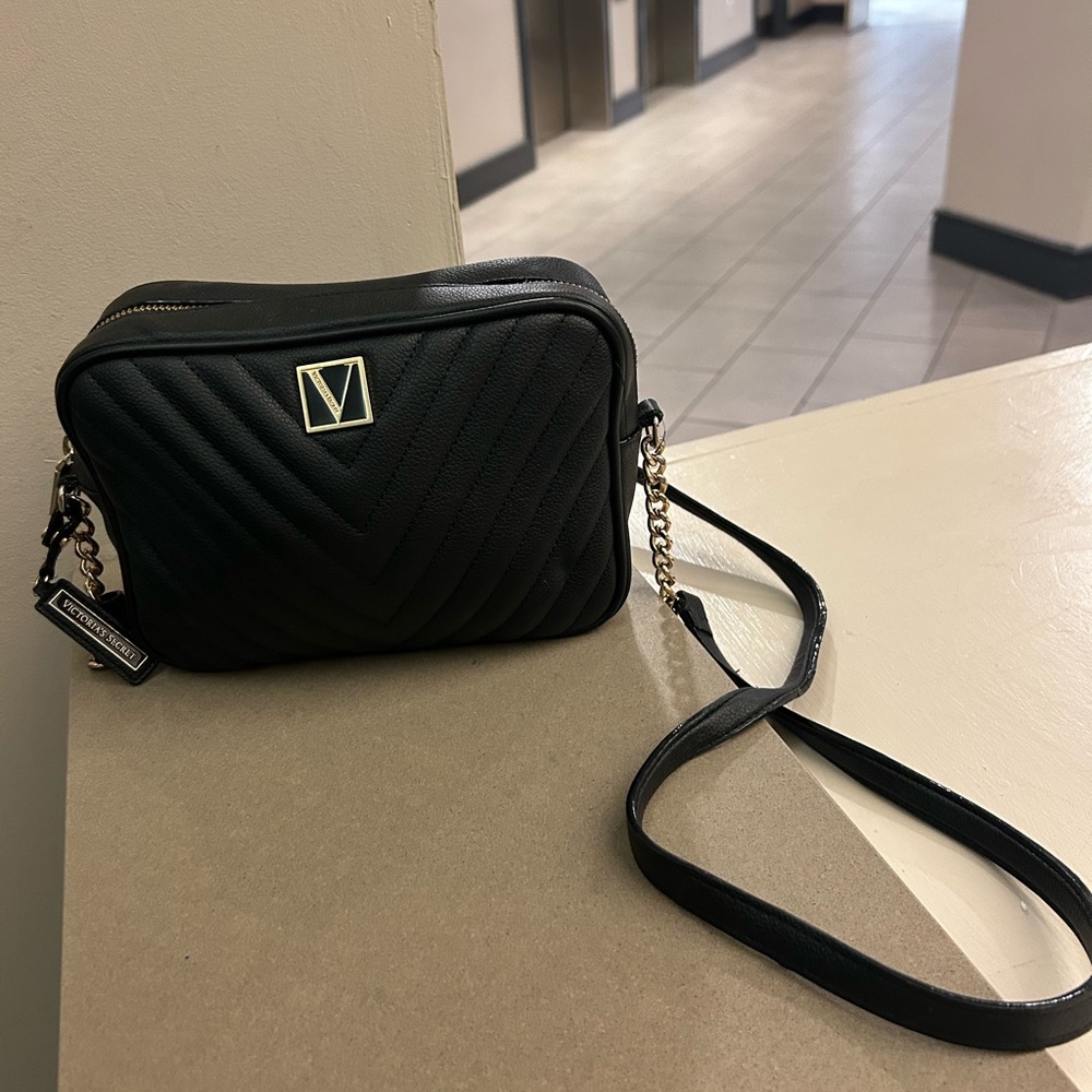 Victoria’s Secret Stylish Black Crossbody Bag with Gold Accents like new